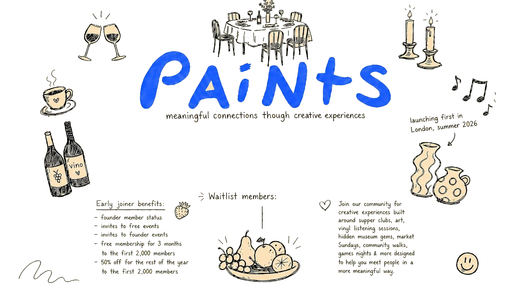 Paints — hand-painted landing poster with the wordmark, decorative doodles (dining table, wine glasses, candles, vases, fruit bowl, music notes), and copy describing the community waitlist.
